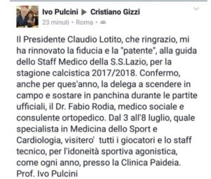 Staff medico, dott.Pulcini: «Il presidente Lotito mi ha rinnovato la fiducia…» – FOTO