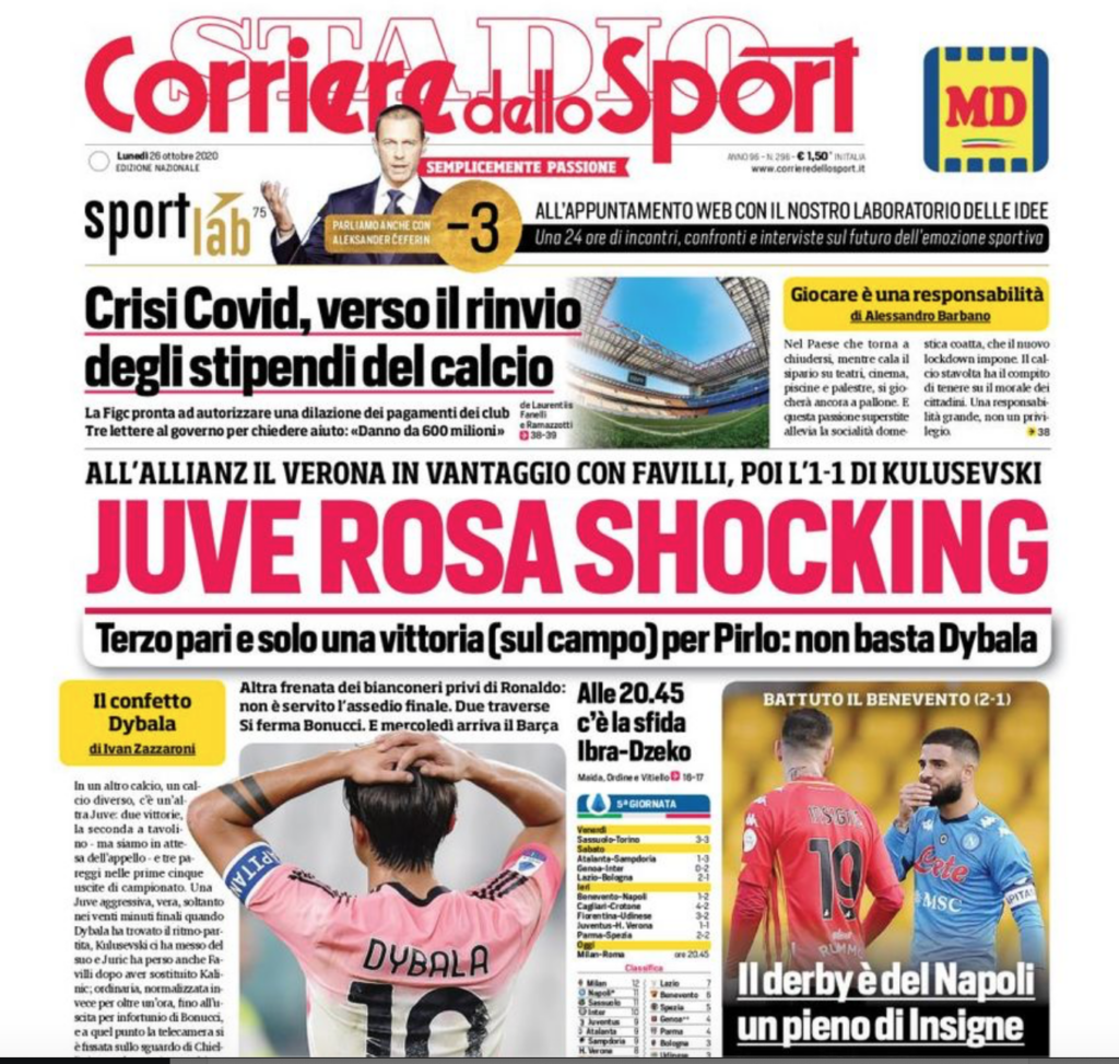 Rassegna stampa Lazio, le prime pagine dei quotidiani sportivi: 26 ottobre 1 Schermata 2020 10 26 alle 00.22.53