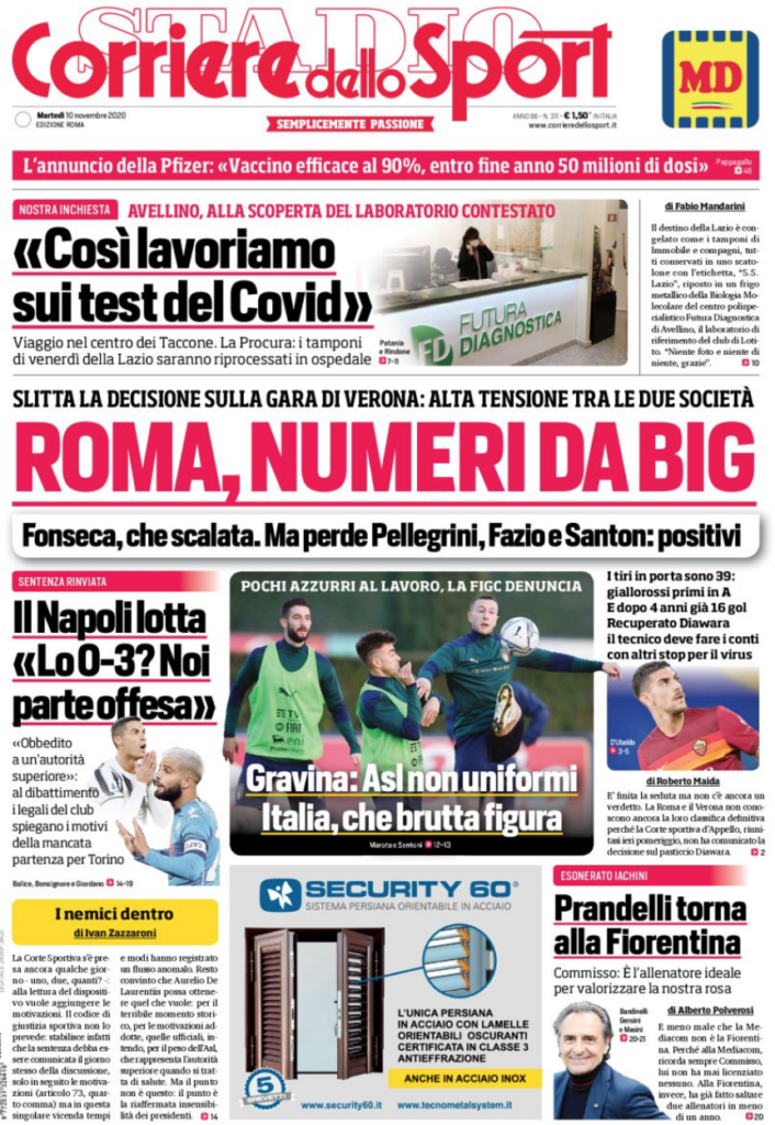 Le prime pagine dei principali quotidiani sportivi - 10 novembre 1 Schermata 2020 11 10 alle 08.19.36