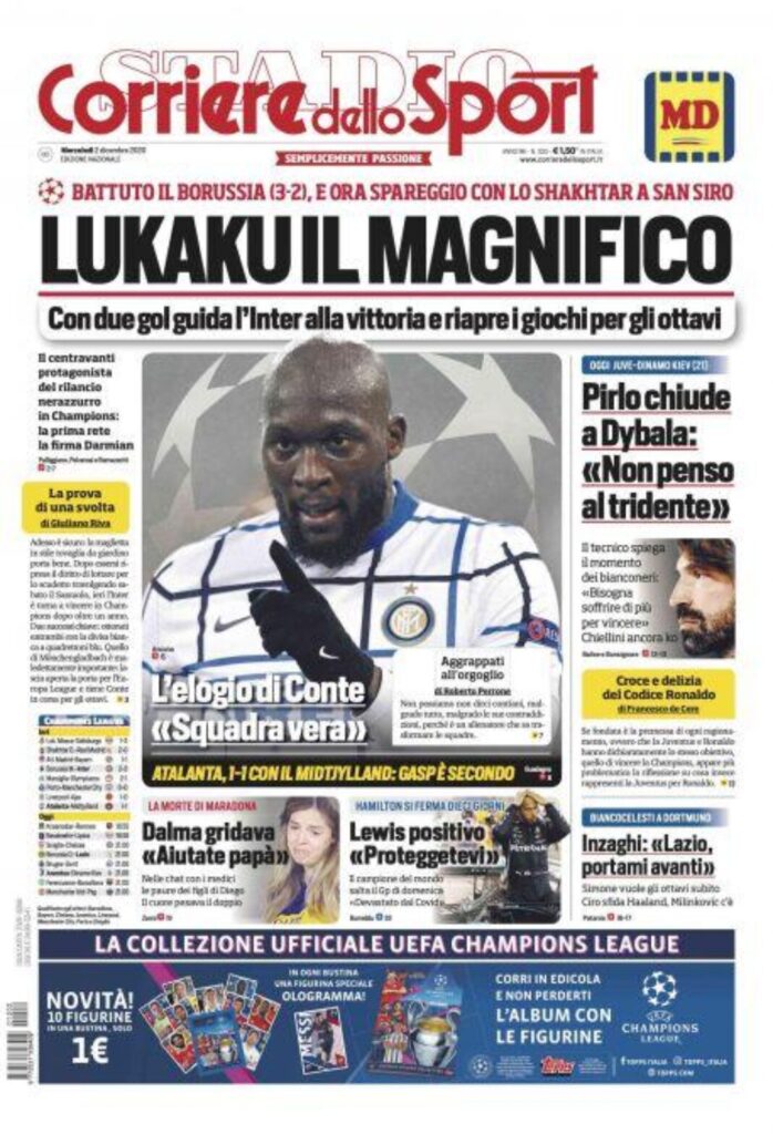 Le prime pagine dei principali quotidiani sportivi - 2 dicembre 1 corriere 1068x1566 1