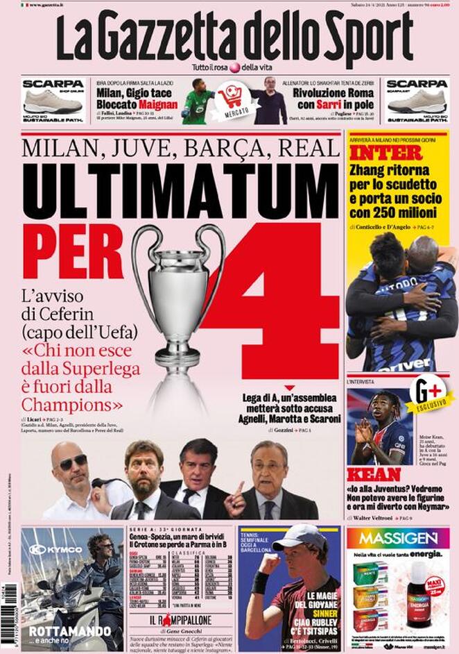 gazzetta dello sport prima pagina 24 aprile