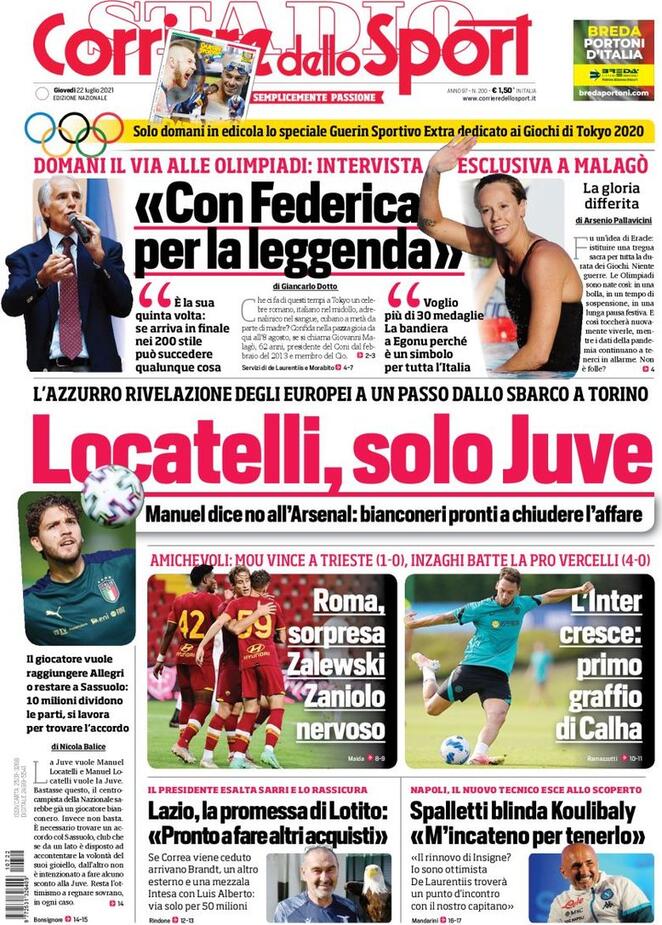 prima pagina corriere dello sport 22 luglio