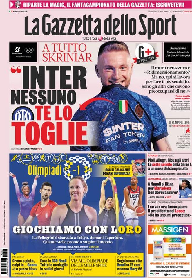 prima pagina gazzetta dello sport 22 luglio