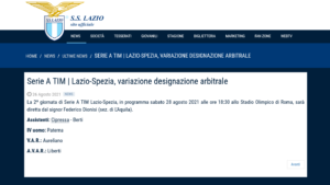 Screenshot 2021 08 26 at 16 53 55 Serie A TIM Lazio Spezia variazione designazione arbitrale