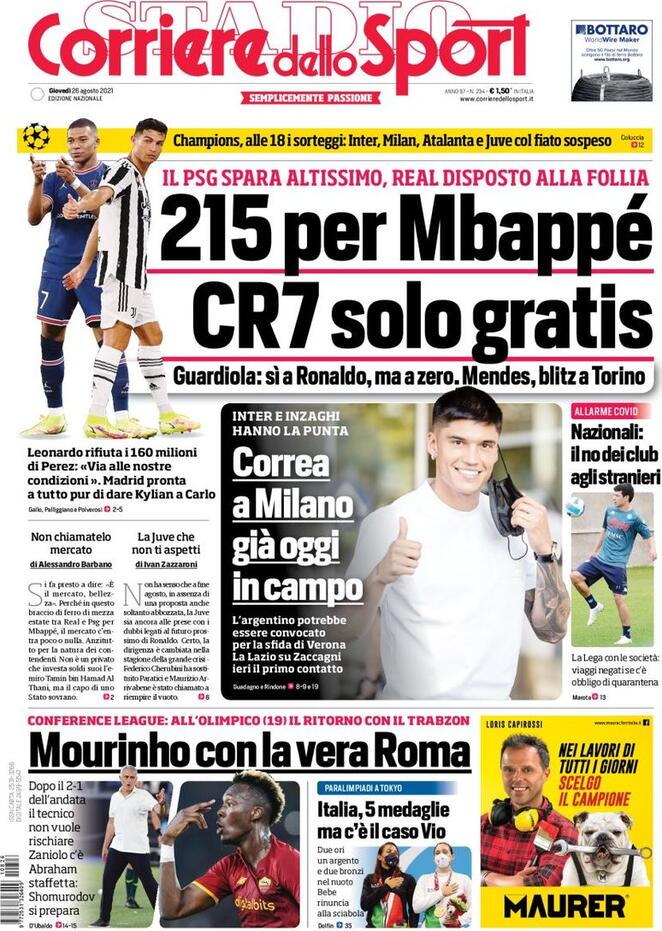 prima pagina corriere dello sport 26 agosto