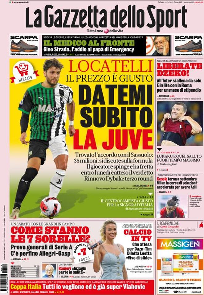prima pagina gazzatta dello sprt 14 agpsto