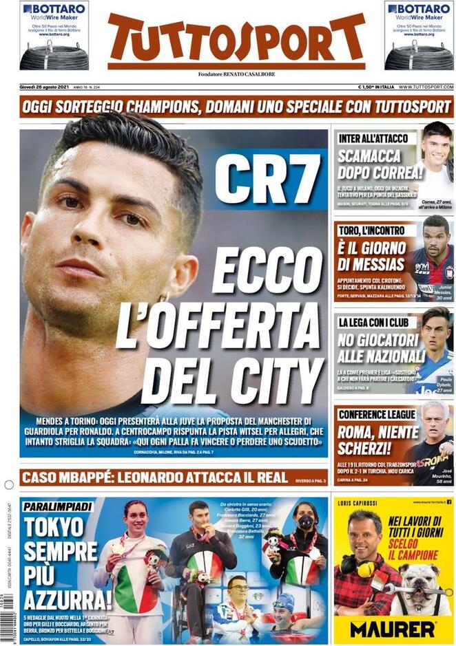 prima pagina tuttosport 26 agosto