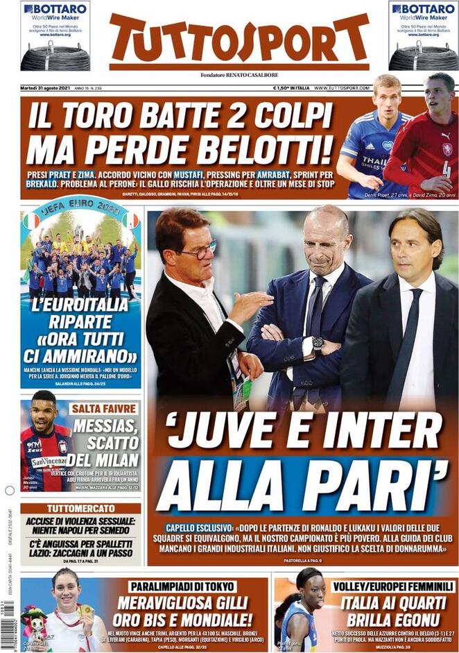 prima pagina tuttosport 31 agosto