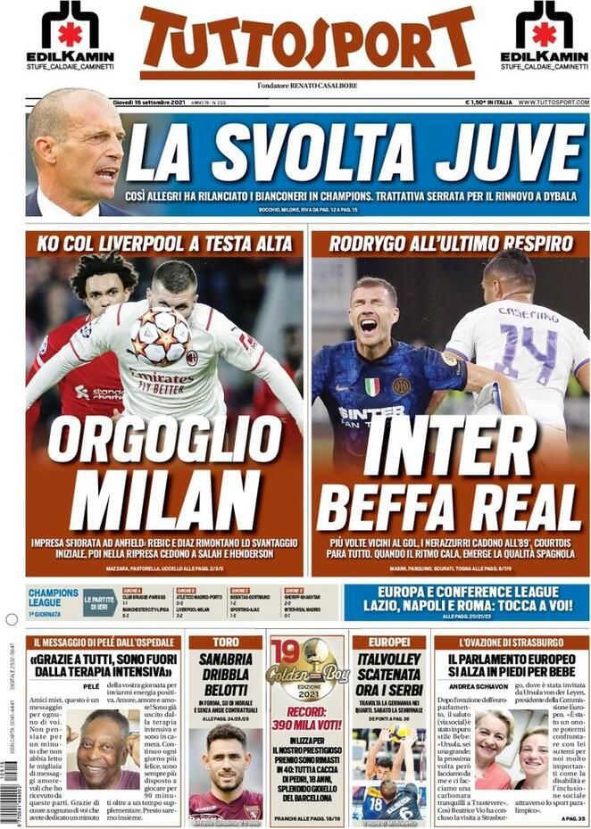 prima pagina tuttosport 16 settembre