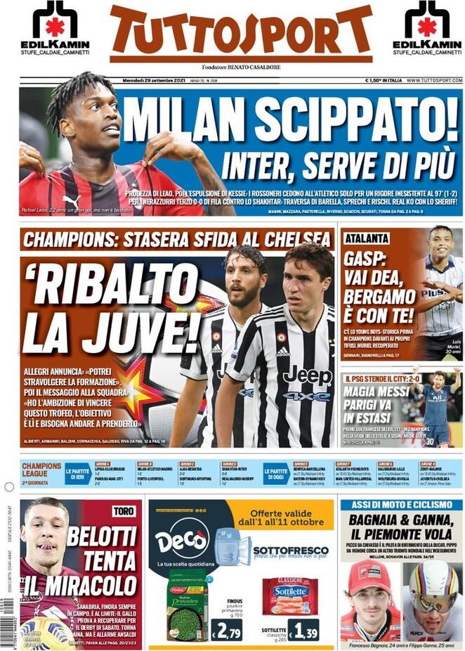 tuttosport prima pagina 29 settembre