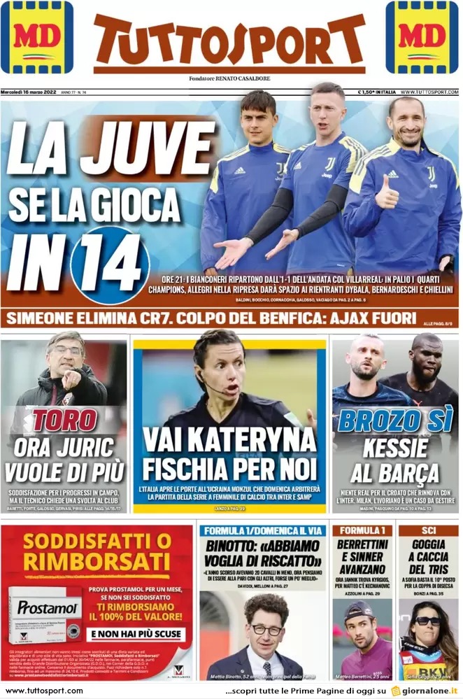 Le prime pagine dei principali quotidiani sportivi – 16 marzo 24 WhatsApp Image 2022 03 16 at 07.48.19