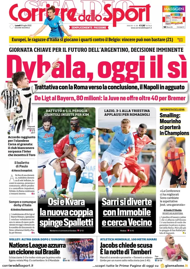 Le prime pagine dei principali quotidiani sportivi – 18 luglio 23 WhatsApp Image 2022 07 18 at 07.47.31