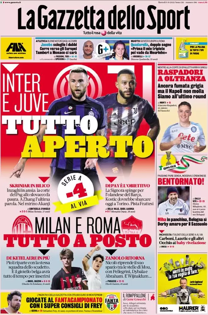 Le prime pagine dei principali quotidiani sportivi – 9 agosto 23 gds 9 agosto