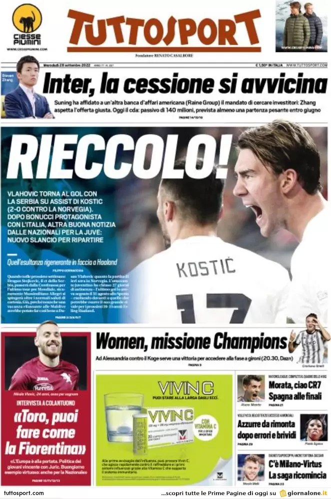 Le prime pagine dei principali quotidiani sportivi - 28 settembre 24 tuttosport 28 settembre