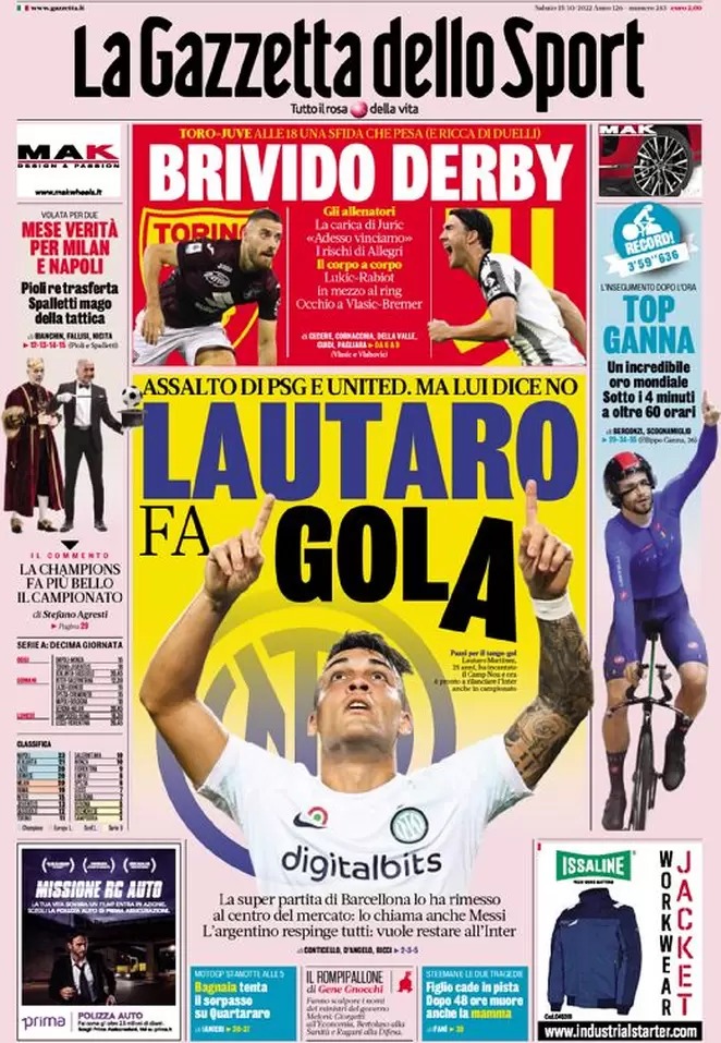 Le prime pagine dei principali quotidiani sportivi - 15 ottobre 22 WhatsApp Image 2022 10 15 at 07.53.48