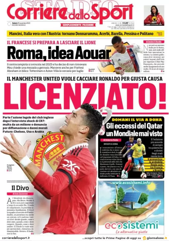 Le prime pagine dei principali quotidiani sportivi – 19 novembre 22 cds 19 novembre
