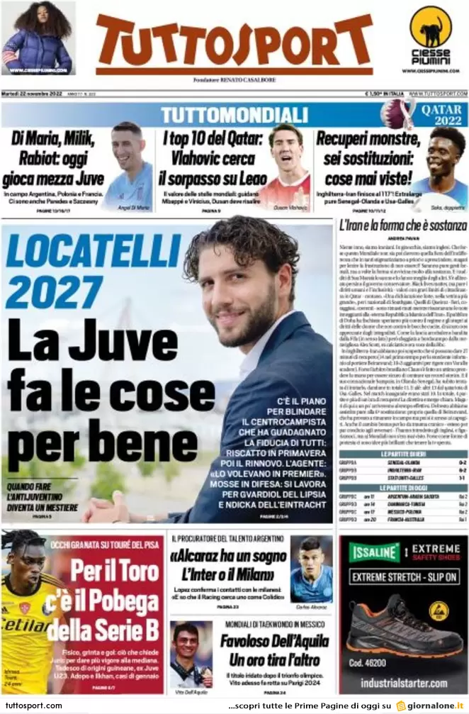 Le prime pagine dei principali quotidiani sportivi - 22 novembre 24 tuttosport 22 novembre