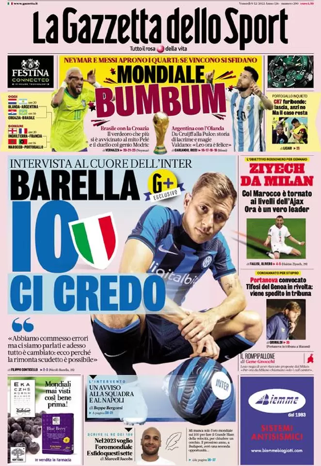 Le prime pagine dei principali quotidiani sportivi – 9 dicembre 23 gds 9 dicembre