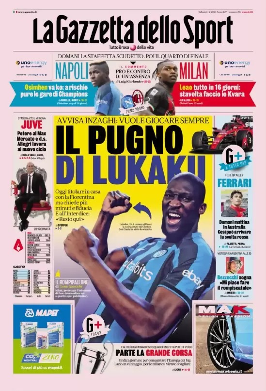 Le prime pagine dei principali quotidiani sportivi - 1 aprile 22 WhatsApp Image 2023 04 01 at 07.53.31