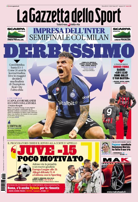 Le prime pagine dei principali quotidiani sportivi - 20 aprile 22 WhatsApp Image 2023 04 20 at 07.51.40
