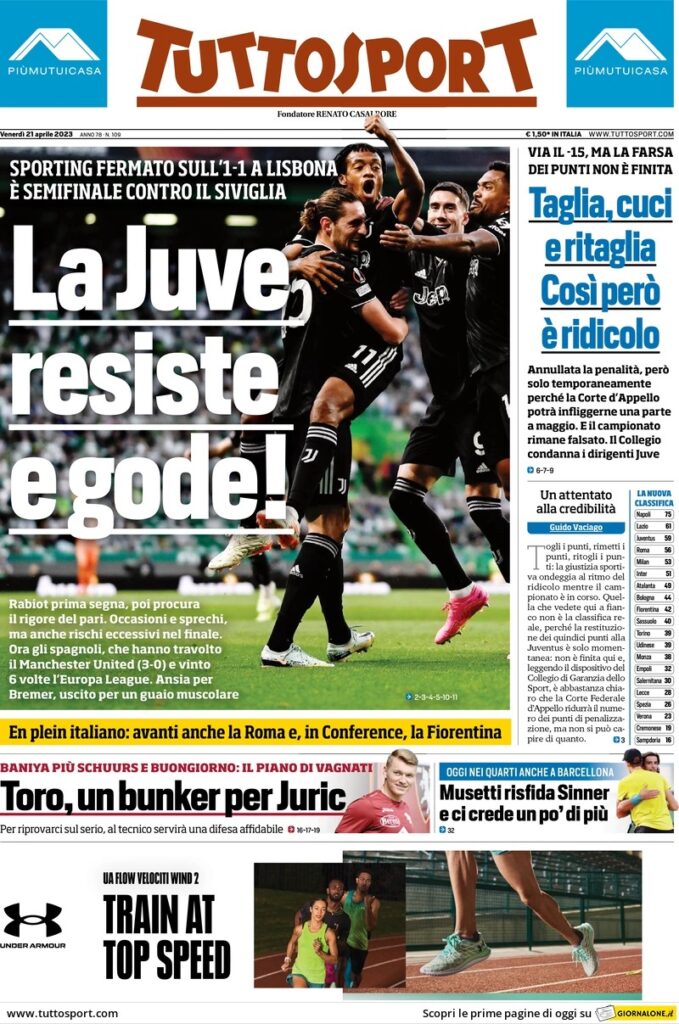 Le prime pagine dei principali quotidiani sportivi - 21 aprile 24 WhatsApp Image 2023 04 21 at 07.54.52