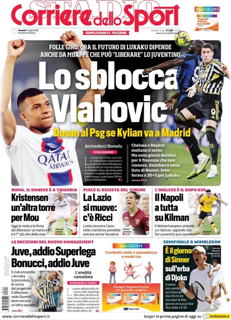 Le prime pagine dei principali quotidiani sportivi - 14 luglio 23 WhatsApp Image 2023 07 14 at 07.51.57