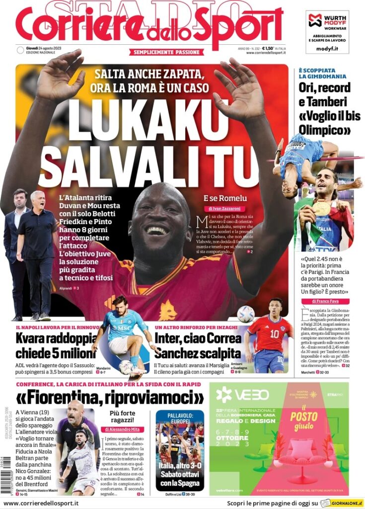Le prime pagine dei principali quotidiani sportivi - 24 agosto 23 WhatsApp Image 2023 08 24 at 08.05.18