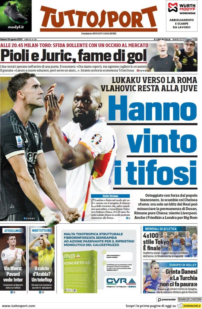 Le prime pagine dei principali quotidiani sportivi - 26 agosto 24 WhatsApp Image 2023 08 26 at 07.43.46