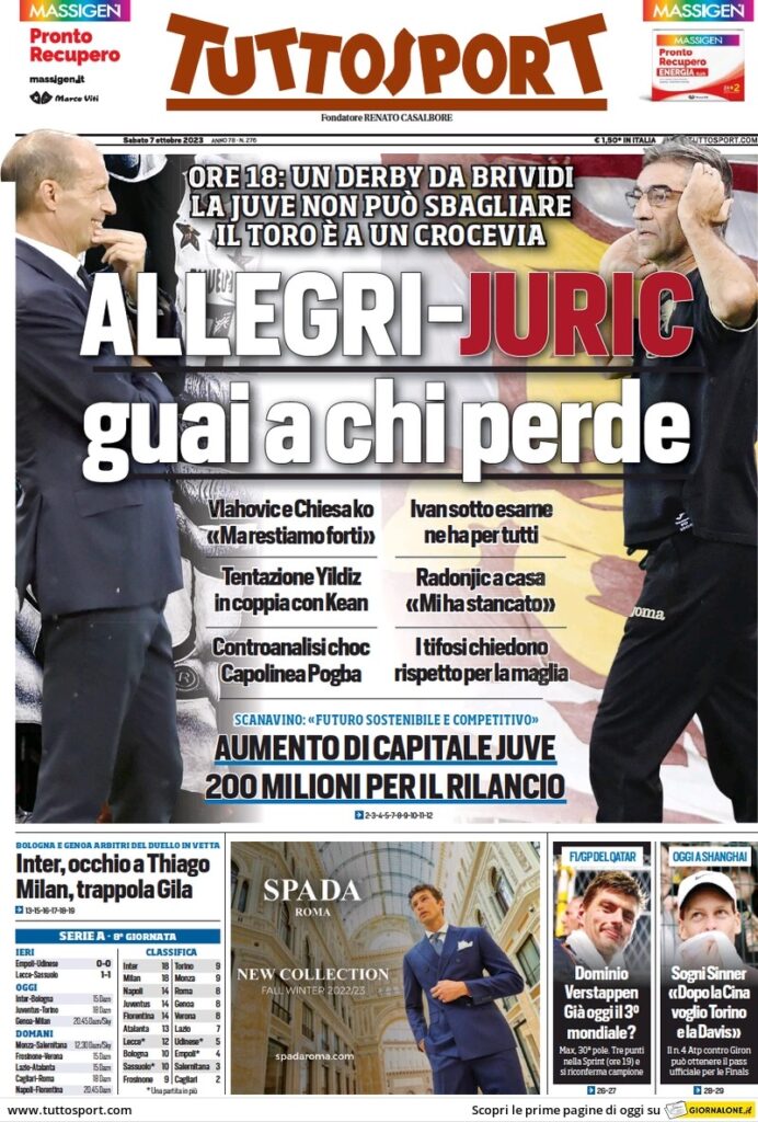 Le prime pagine dei principali quotidiani sportivi - 7 ottobre 24 WhatsApp Image 2023 10 07 at 07.56.47