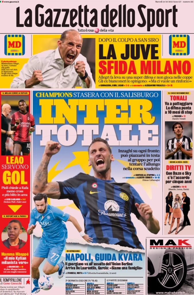 Le prime pagine dei principali quotidiani sportivi - 24 ottobre 22 WhatsApp Image 2023 10 24 at 08.05.27