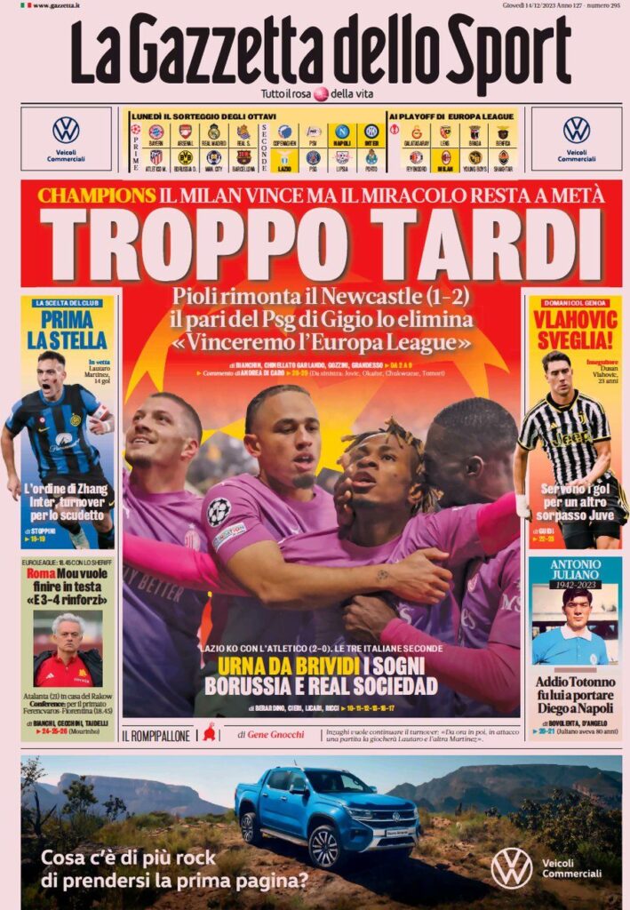 Le prime pagine dei principali quotidiani sportivi – 14 dicembre 22 WhatsApp Image 2023 12 14 at 07.34.45 2