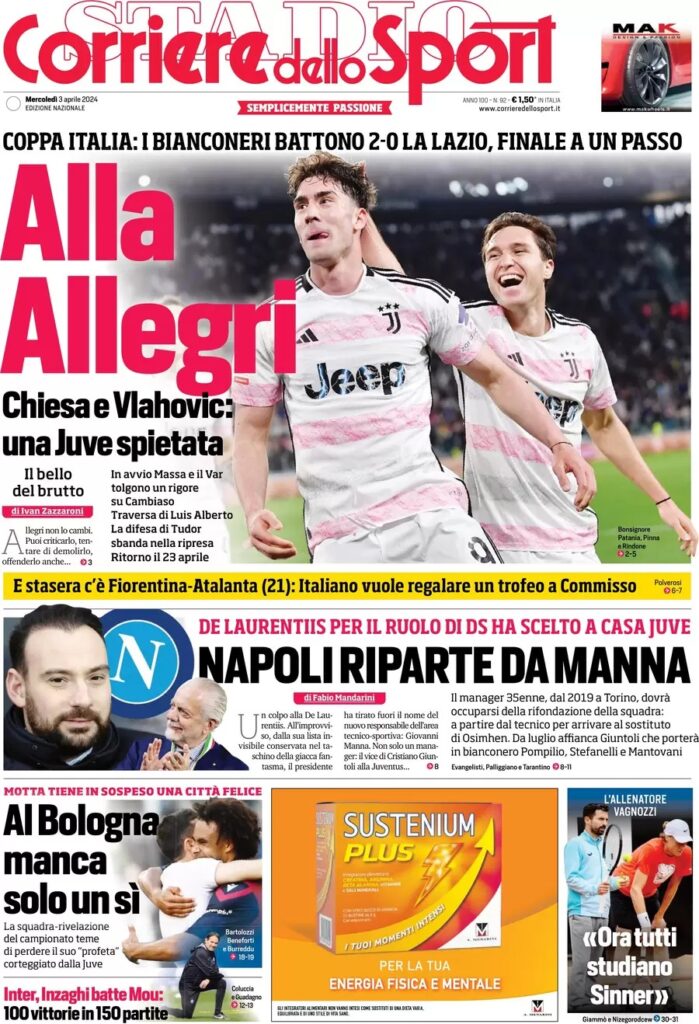 Le prime pagine dei principali quotidiani sportivi – 3 aprile 23 WhatsApp Image 2024 04 03 at 7.15.52 AM
