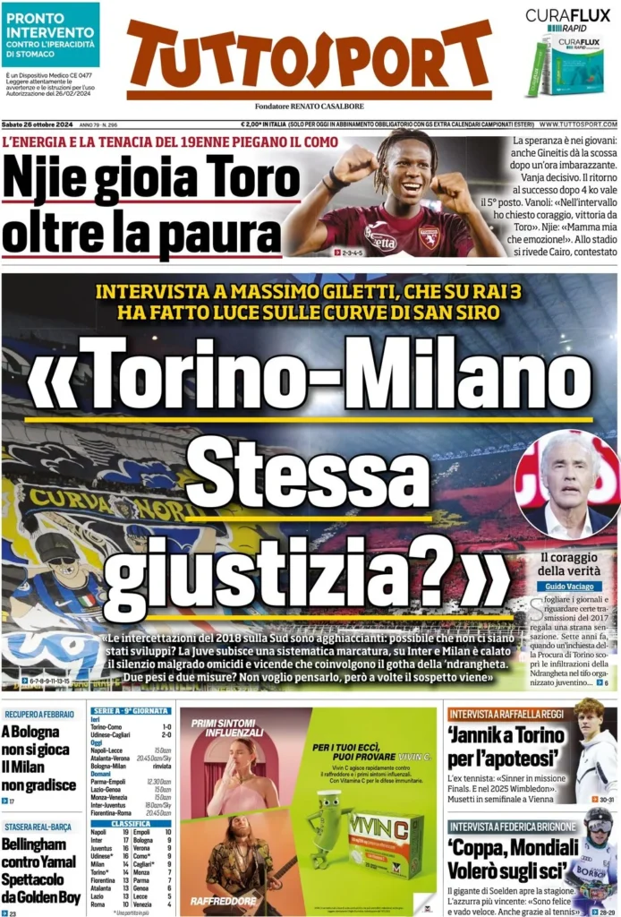 Le prime pagine dei principali quotidiani sportivi – 26 ottobre 24 tuttosport 021208980