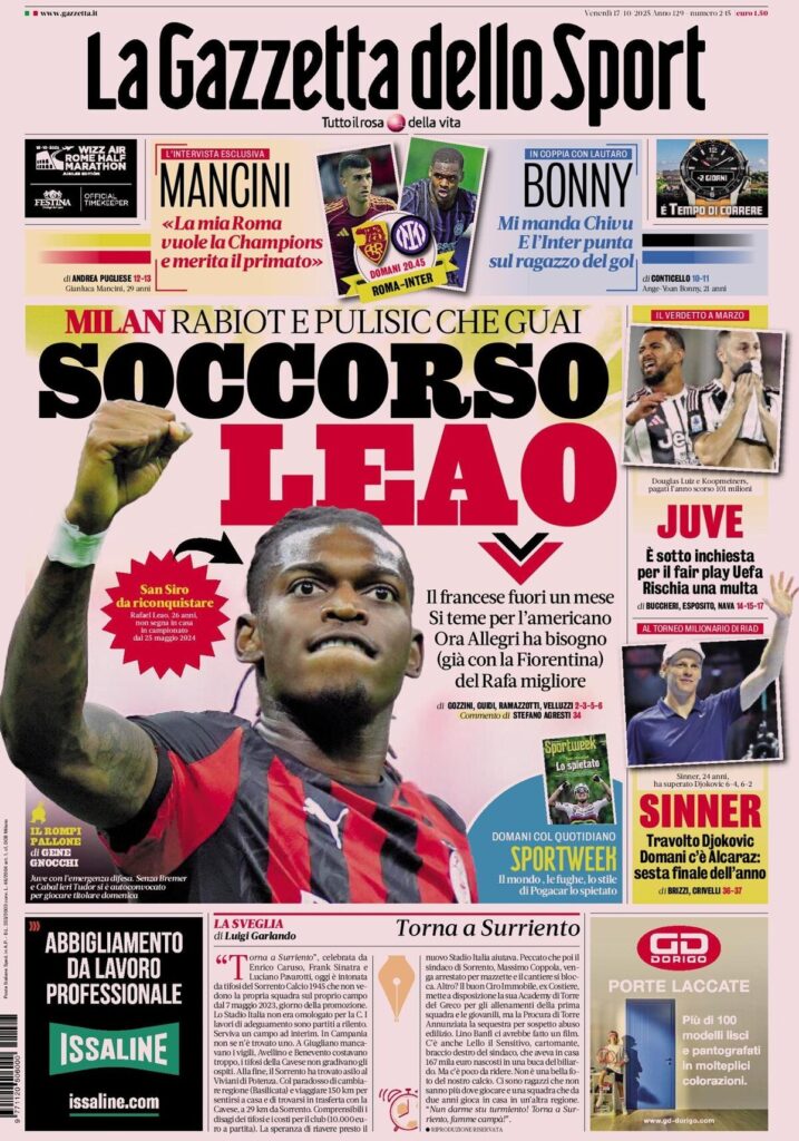 Le prime pagine sportive nazionali - 17 ottobre 2025 24 IMG 8979