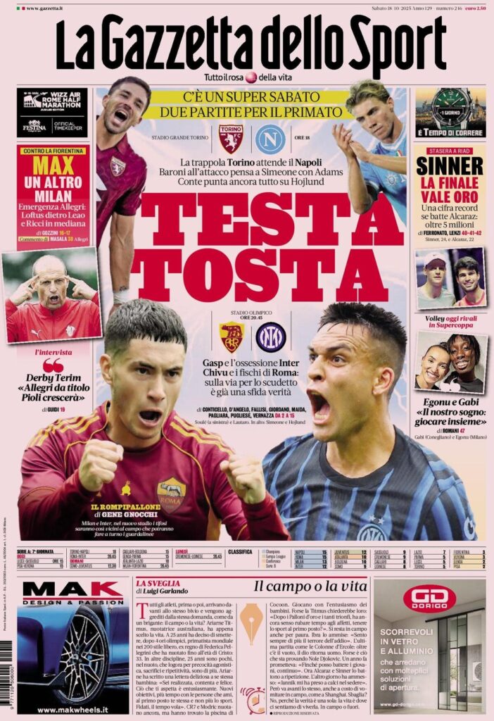 Le prime pagine sportive nazionali - 18 ottobre 2025 22 la gazzetta dello sport 0315124tq