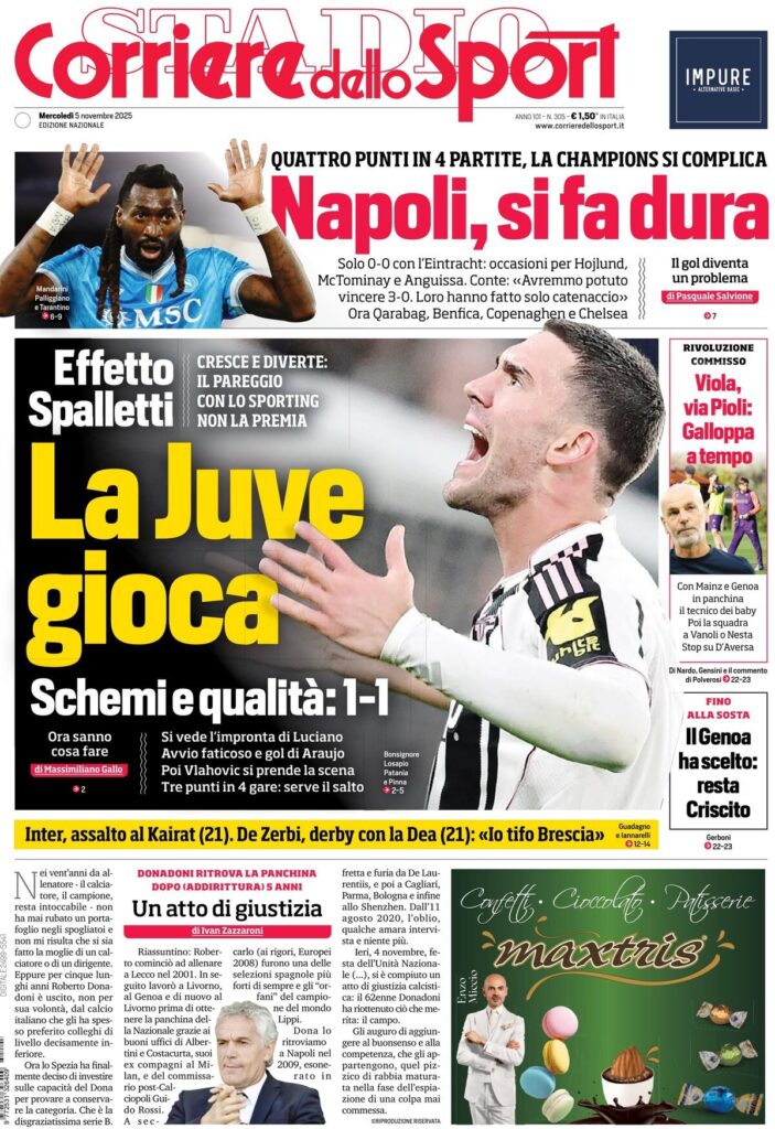 Le prime pagine sportive nazionali - 5 novembre 2025 23 corriere dello sport 021208lj2