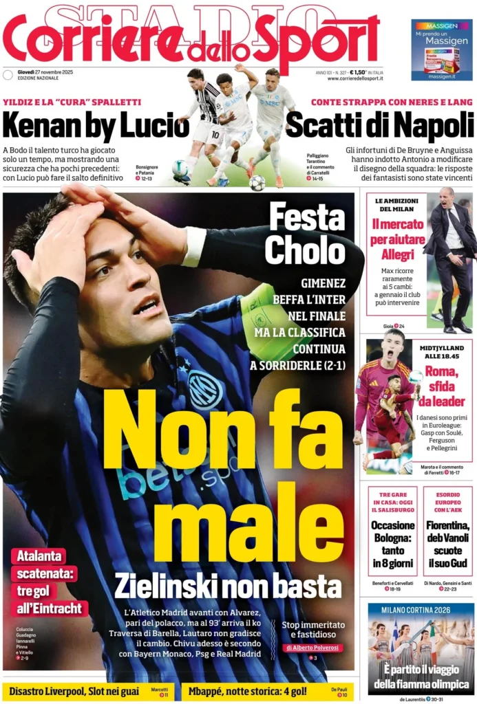Le prime pagine sportive nazionali – 27 novembre 2025 23 corriere dello sport 021208zwx