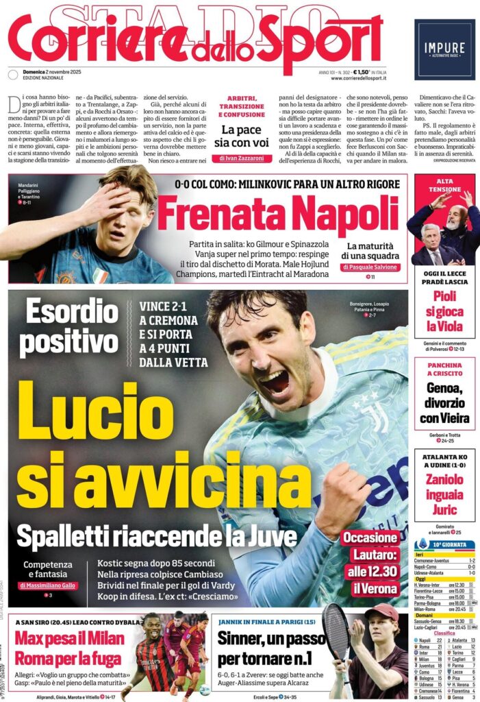 Le prime pagine sportive nazionali - 2 novembre 2025 23 corriere dello sport 021209syt