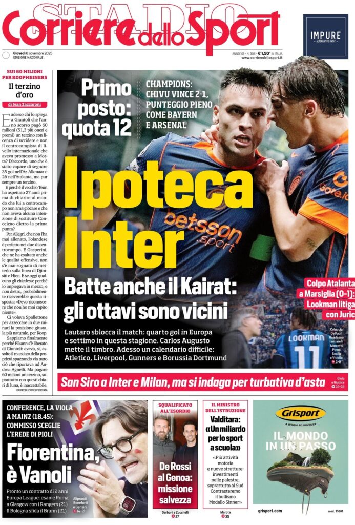 Le prime pagine sportive nazionali - 6 novembre 2025 23 corriere dello sport 021209wk9