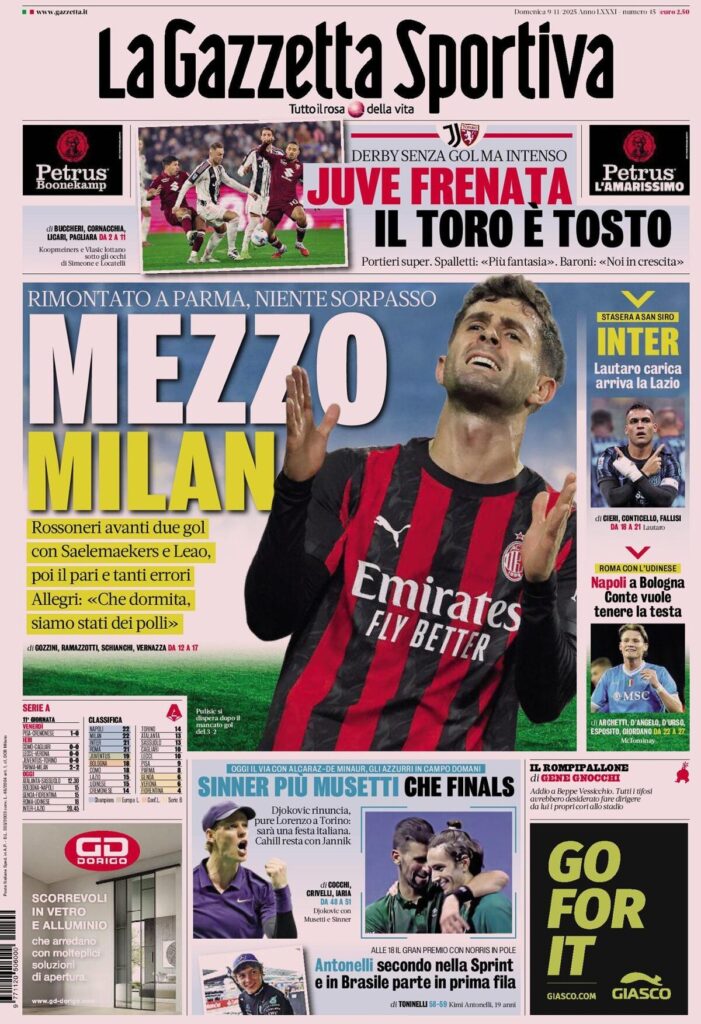 Le prime pagine sportive nazionali - 9 novembre 2025 22 la gazzetta dello sport 020016l1f