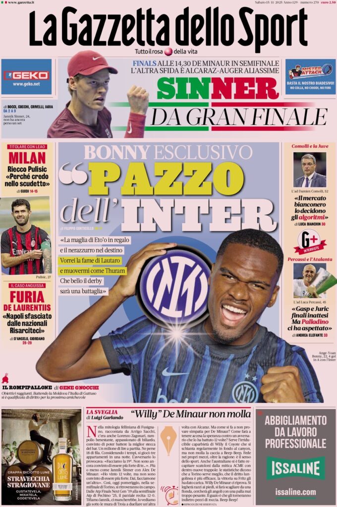 Le prime pagine sportive nazionali - 15 novembre 2025 22 la gazzetta dello sport 061818l8v
