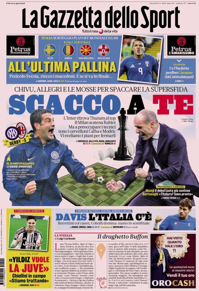 Le prime pagine sportive nazionali – 20 novembre 2025 24 la gazzetta dello sport 062359u1a