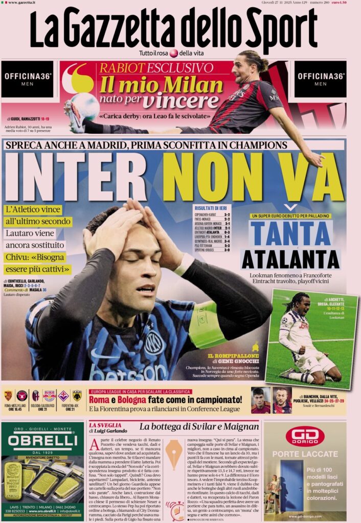 Le prime pagine sportive nazionali – 27 novembre 2025 22 la gazzetta dello sport 0628070wf