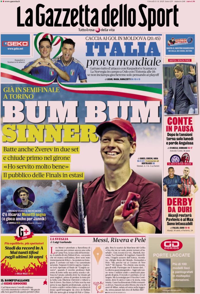 Le prime pagine sportive nazionali - 13 novembre 2025 24 la gazzetta dello sport 063816hgi