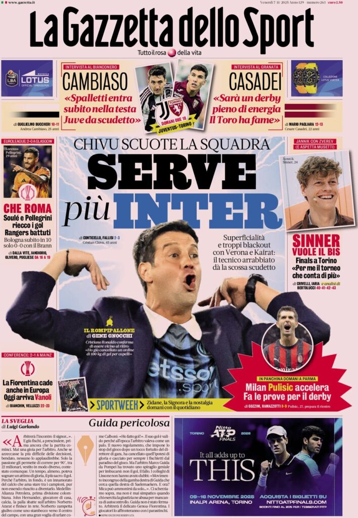 Le prime pagine sportive nazionali - 7 novembre 2025 22 la gazzetta dello sport 070859366