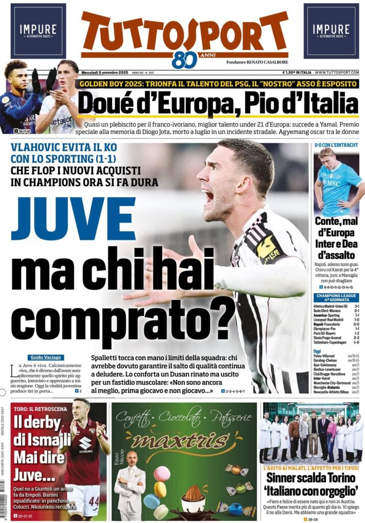 Le prime pagine sportive nazionali - 5 novembre 2025 24 tuttosport 021204dj8
