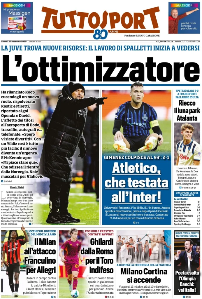 Le prime pagine sportive nazionali – 27 novembre 2025 24 tuttosport 021204r9j
