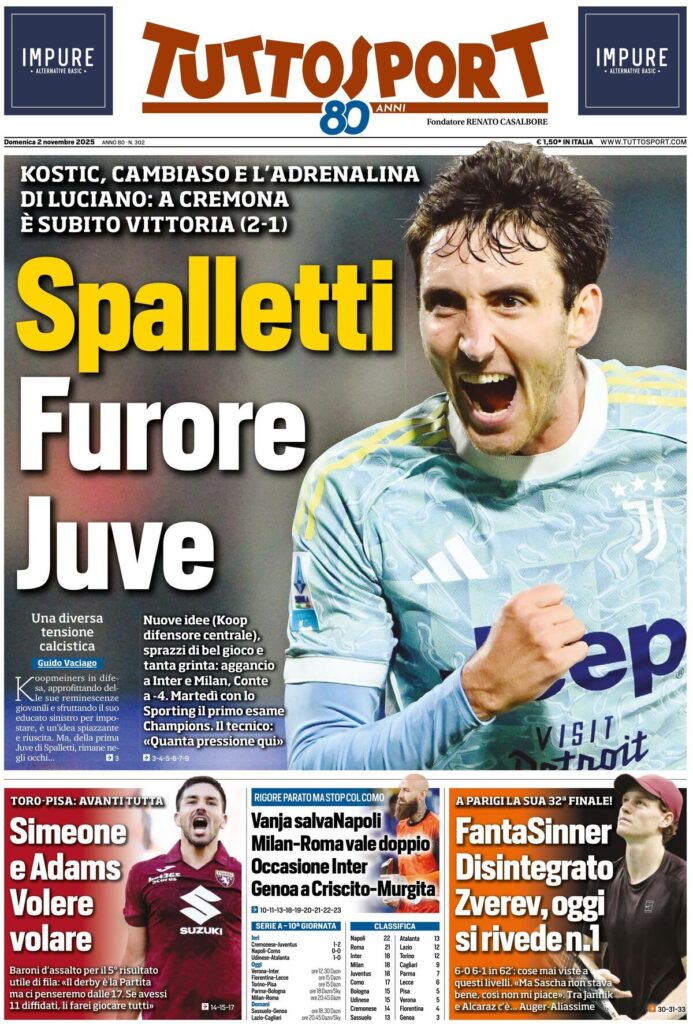 Le prime pagine sportive nazionali - 2 novembre 2025 24 tuttosport 021204ue1