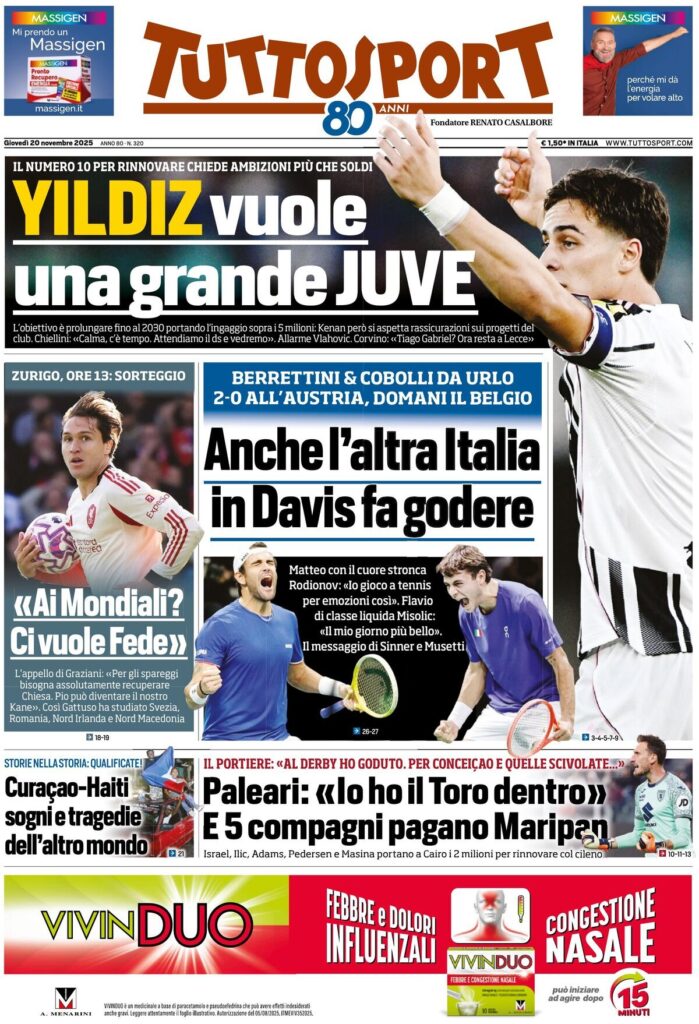 Le prime pagine sportive nazionali – 20 novembre 2025 22 tuttosport 021205zkr