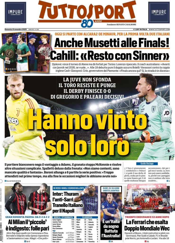 Le prime pagine sportive nazionali - 9 novembre 2025 24 tuttosport 021206s98